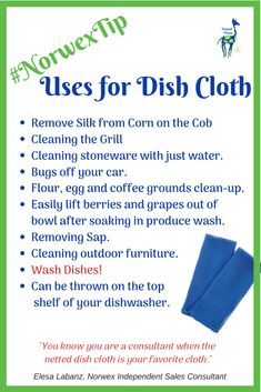 a poster with instructions on how to use the dish cloth for cleaning dishes and other household items