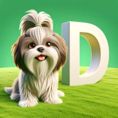 a cute little dog sitting next to the letter d