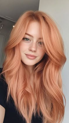 Flaming Copper Hair, Copper To Pink Hair, Peach Hair Color Formula, Pink Skin Hair Color, Soft Copper Blonde Hair, Jahodová Blond, Bayalage Color, Peachy Hair Color, Peach Hair Colors