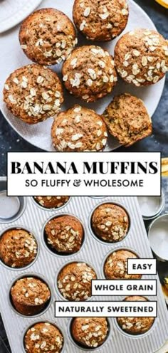 banana muffins on a plate with the words, so fluffy and wholesome