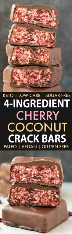 No Bake Chocolate Cherry Coconut Crack Bars (Keto, Paleo, Vegan, Sugar Free)- An easy 4-ingredient recipe for cherry coconut bars and ready in minutes- A cherry coconut filling covered in healthy chocolate- The perfect low carb no bake dessert! #nobake #ketorecipe #ketodessert #lowcarb #sugarfree | Recipe on thebigmansworld.com Chocolate Desserts In A Cup, Cherry Coconut Bars, Dried Cherry Recipes, Desserts In A Cup, Coconut Filling, Cherry Coconut, Low Carb Ideas, Coconut Bars