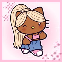 a cartoon cat with blonde hair sitting on top of a pink background and holding a teddy bear