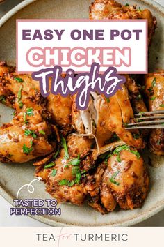 chicken thighs in a bowl with text overlay that reads easy one pot chicken thighs