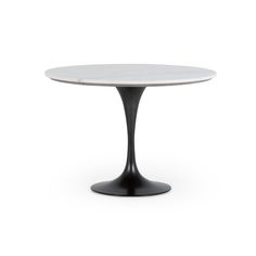 an oval marble dining table with black legs and a white top, viewed from the front