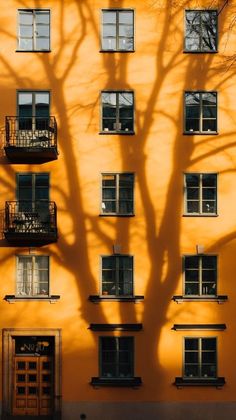 an apartment building with many windows and balconies on the side, in front of a tree