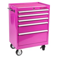 a pink tool cabinet with four drawers on wheels