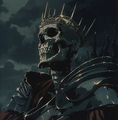 a skeleton with a crown on his head in front of dark clouds and the sky