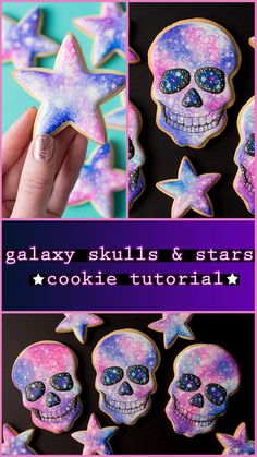 galaxy skulls and stars cookies are shown with the words, how to make them look like they