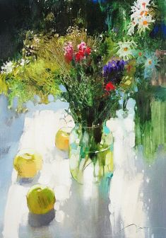 an oil painting of flowers and apples in a glass vase on a white table cloth