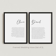 two framed wedding vows set of 2 in black and white, with the word on each side