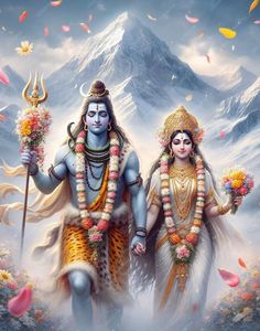 two deities standing next to each other in front of snow covered mountains with flowers on them