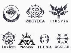 several different logos and emblems on a white background, all in black and white