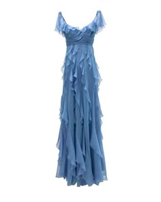 Ruffle Evening Gown, Flowy Blue Dress, Chifon Dress, Blue Flowy Dress, Blue Ruffle Dress, Prom Dress Inspo, Chiffon Ruffle Dress, Unique Prom Dresses, Prom Dress Inspiration