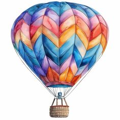 a colorful hot air balloon flying in the sky with a basket on it's side