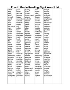 four grade reading sight word list with the words in each row, which are different