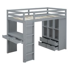 a gray loft bed with drawers underneath it