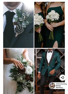 four different pictures with white flowers and pine cones in their hands, one is wearing a green tuxedo