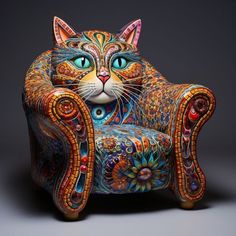 a cat sitting on top of a colorful chair with blue eyes and whiskers