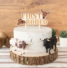 a cake with two cows on it and a first rodeo sign in the top tier