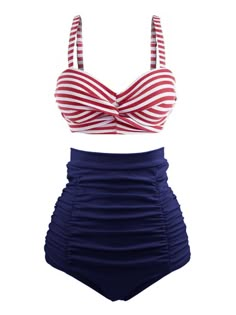 Striped Colorblock Retro Bikini Set – Retro Stage - Chic Vintage Dresses and Accessories 80s Bikinis Vintage, Vintage Swimwear 1950s, Vintage Inspired Swimwear, Plus Size Bikinis, Bikinis Retro, Style Vert, High Waisted Swimsuit