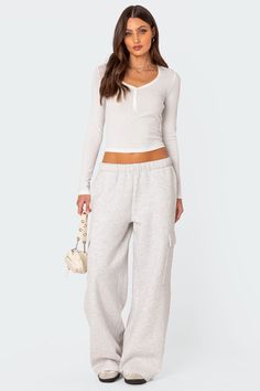 Sweatpants Wide leg Cargo style pockets 100% Cotton Model wears size S Model height is 5'9 Item care: Wash with similar color Pointelle Fabric, Pointelle Top, Oversized Sweatpants, Cute Sweatpants, Cargo Sweatpants, Wide Leg Sweatpants, Swimwear Dress, Fleece Sweatpants, Cargo Style