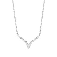 Elevate your attire when you wear this white lab-created sapphire graduated "V" necklace, a beautiful choice for day or night. Fashioned in sterling silver Shimmering white lab-created sapphires graduate in size to the largest 3.5mm center stone along this curved "V"-shaped ribbon. This design suspends centered along a rope chain. The 18.0-inch necklace secures with a spring-ring clasp. White Lab, Rope Chain, V Shape, Spring Rings, Sapphire, Chain, Sterling Silver, Silver