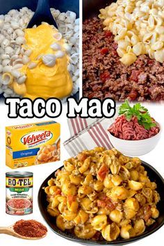 taco mac recipe collage with ingredients including ground beef, cheese and other foods