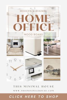 the modern minimal home office mood board is featured in this postcard style photo book