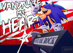 an animated sonic the hedge holding a skateboard in front of a red, white and blue background