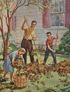 two children and an older man are in the yard with their rakes as they work together