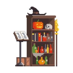 a pixel art bookcase with books, pumpkins and other items on it's shelves