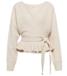 This wrap cardigan from Jardin des Orangers is finished with a feminine ruffled peplum. Made from wool and cashmere, it has a self-tie belt that cinches the waist. Soft Dramatic, Closet Wardrobe, Bows Diy, Cashmere Dress, Beige Cardigan, Diy Ribbon, Closet Space, Wrap Cardigan, Cardigan Pattern