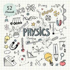 the word physics surrounded by doodles on a sheet of paper with school related items