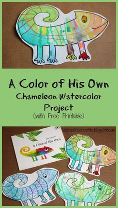 a book with pictures of different animals and the title, a color of his own chamelon watercolor project with free printables