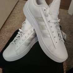 White With Holographic Looking Strips Brand New Beautiful Shoes Adidas Holographic Shoes, Adidas Cloudfoam Women, Adidas Grand Court Alpha, Adidas Nmd R1 White, Grey Tennis Shoes, Adidas Swift Run, Adidas Grand Court, Adidas Supernova, Boost Shoes