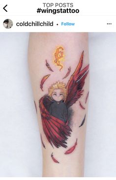 an angel tattoo on the leg of a woman with red feathers flying around her feet