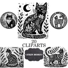 an image of cats and plants with the words cliparts written in black ink