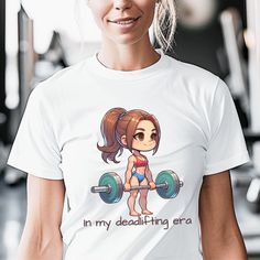 Our In My Deadlifting Era shirt is a great gift for a gym lover who loves to lift. The comfortable fit and cool design of this deadlifting era shirt means that it feels just as good to wear as it is to look at. If you've been looking for a gym motivation t-shirt for yourself, or your gym bestie, you should get this deadlifting gift tee today. This classic unisex jersey short sleeve tee fits like a well-loved favorite. Soft, combed and ringspun cotton and quality print make wearers fall in love w Gym Tshirts For Women, Funny Gym Tops With Crew Neck, Funny Crew Neck Gym Tops, White Gym Top With Sublimation Print, Funny Letter Print Gym Tops, Cotton Tops With Sublimation Print For Gym, White Slogan T-shirt For Gym, White Slogan T-shirt For The Gym, Funny Short Sleeve Workout Tops