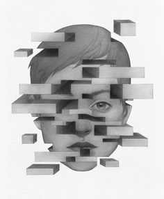 a black and white drawing of a woman's face surrounded by cubed shapes