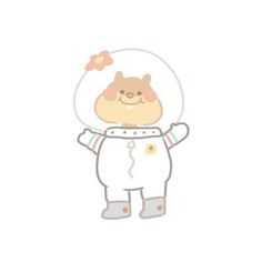 a cartoon character wearing an astronaut suit with flowers on his head and hands in the air