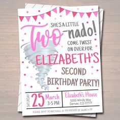 a pink and white birthday party card with the words two nado come first on over for elizabeth's second birthday party