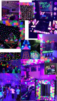 a collage of photos with neon lights and balloons on the walls, in different colors