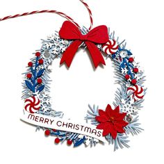 a christmas ornament hanging from a red, white and blue ribbon