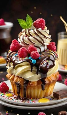 a cupcake topped with whipped cream, raspberries and chocolate sauce on a plate