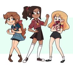 three cartoon girls standing next to each other