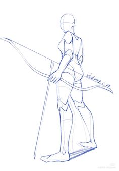 a drawing of a woman with a bow and arrow on her back, standing in front of a white background