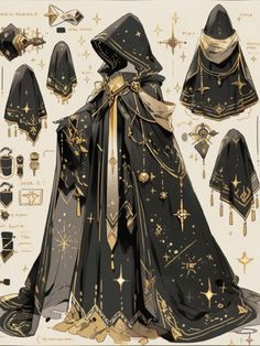 an illustration of a black cloak with gold stars on it and other items surrounding it