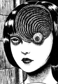 a woman's face with an eyeball in her hair