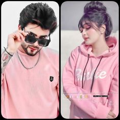 two pictures of a man and woman with sunglasses on their heads, one is wearing a pink hoodie