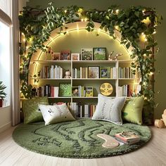 a living room filled with lots of green furniture and bookshelves covered in plants